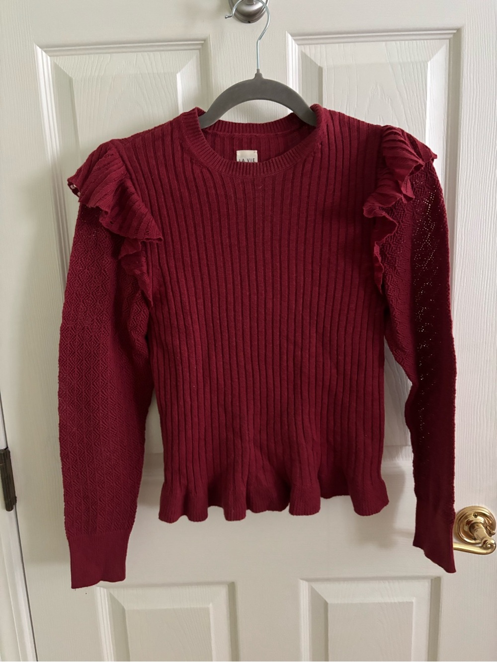 Rebecca Taylor Burgundy Ruffled Ribbed Knit Sweater